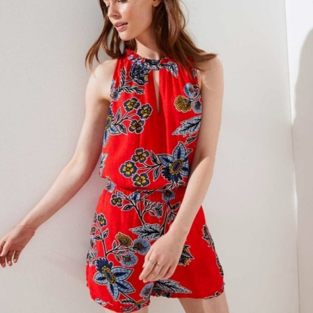 LOFT Romper‎ Red Floral Island Beach Halter Textured XS 0 2